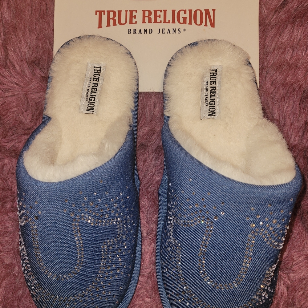 True Religion Denim Blue Slippers with White Plush Lining